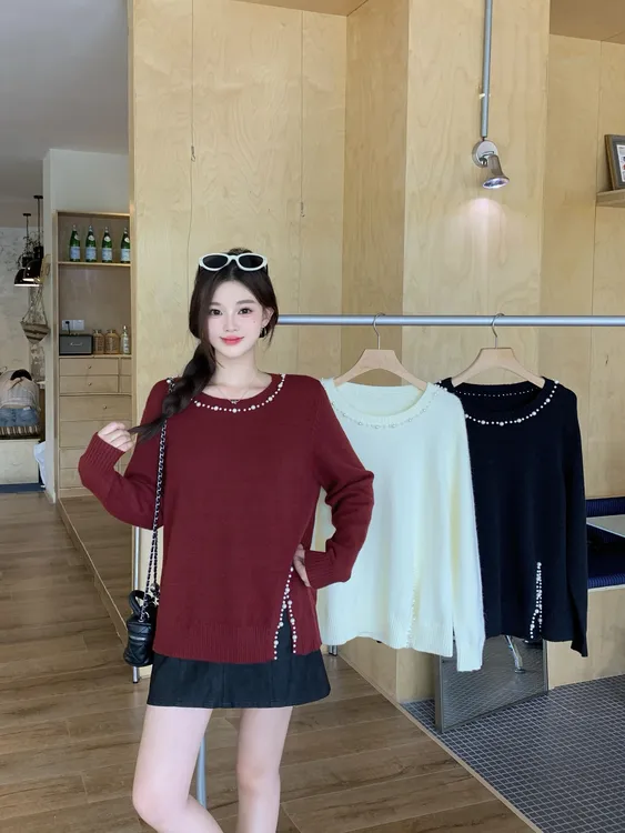 长2025秋装胖mm大码气质钉珠圆领长袖针织衫开叉设计感毛衣68715