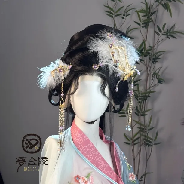 梦金陵嫦娥翎套装羽毛偏凤发饰古风汉服凤凰头饰清冷发簪流苏