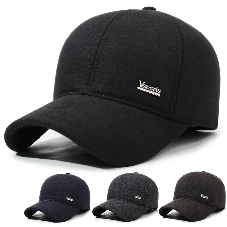 冬季户外防风保暖鸭舌帽男士冬季毛呢带护耳棒球帽大头围带棒球帽