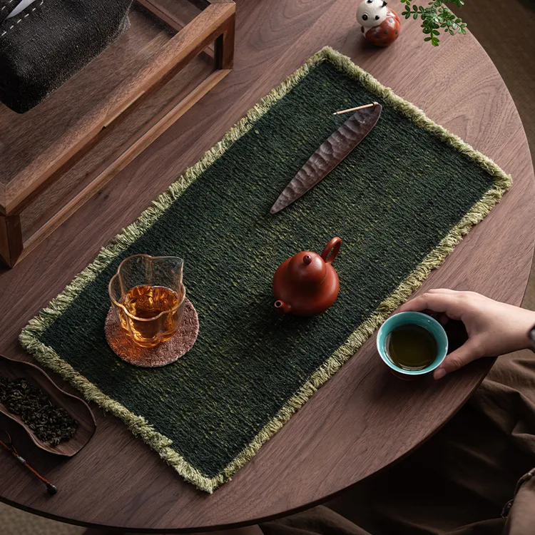 熹吾堂手染粗纹棉布茶席毛边流苏老布干泡垫家用茶桌隔热古朴茶垫