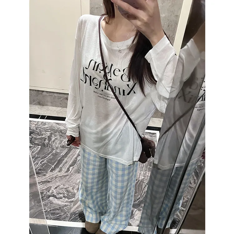 宽松休闲显瘦通勤ins风防晒长袖T恤女春夏薄款复古美式罩衫上衣