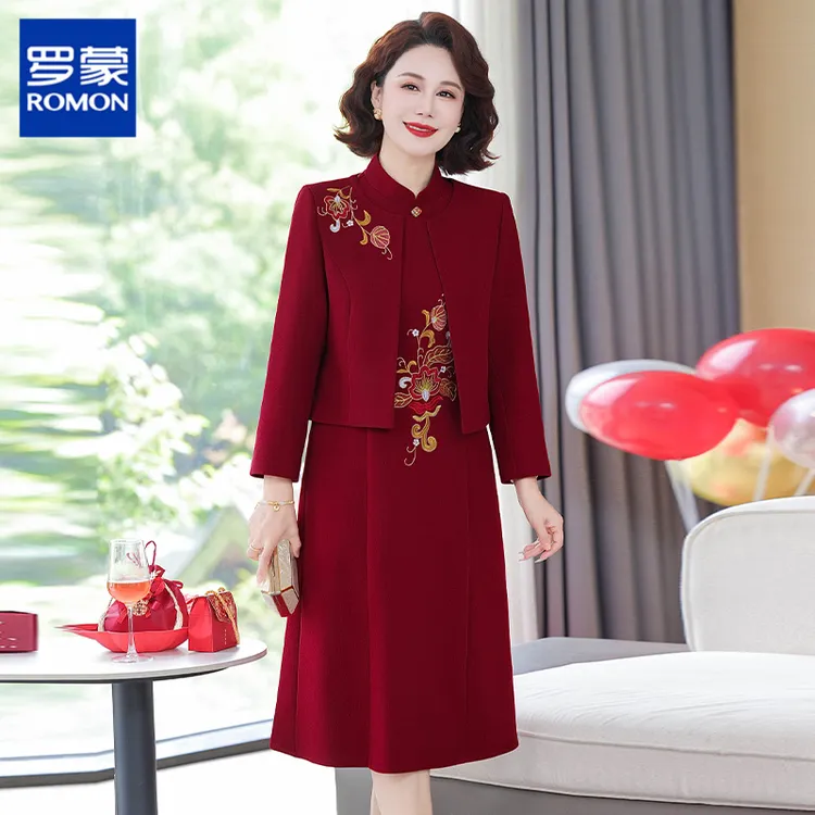罗蒙结婚妈妈礼服秋装新款红色连衣裙两件套中老年喜婆婆婚宴外套