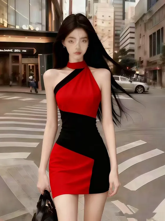 静奢气质纯欲风氛围感红黑撞色无袖露肩修身收腰性感包臀连衣裙
