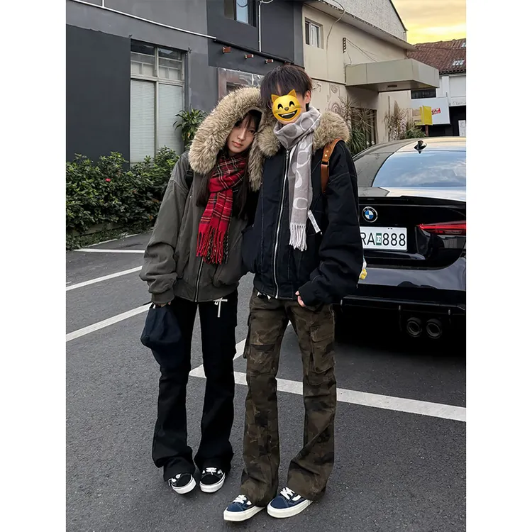 cra座山雕大毛领棉服男款冬季加厚保暖连帽外套美式短款派克棉衣