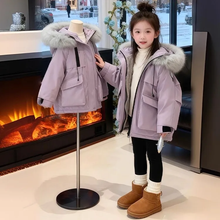 女童加厚派克服2025秋冬新款韩系时髦连帽外套女宝洋气百搭派克服