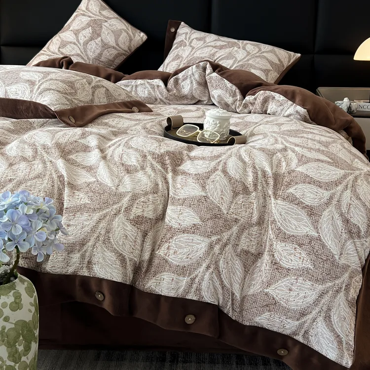 吾诺 2025新款 水洗原麻拼牛奶绒四件套 纽扣款四件套 -