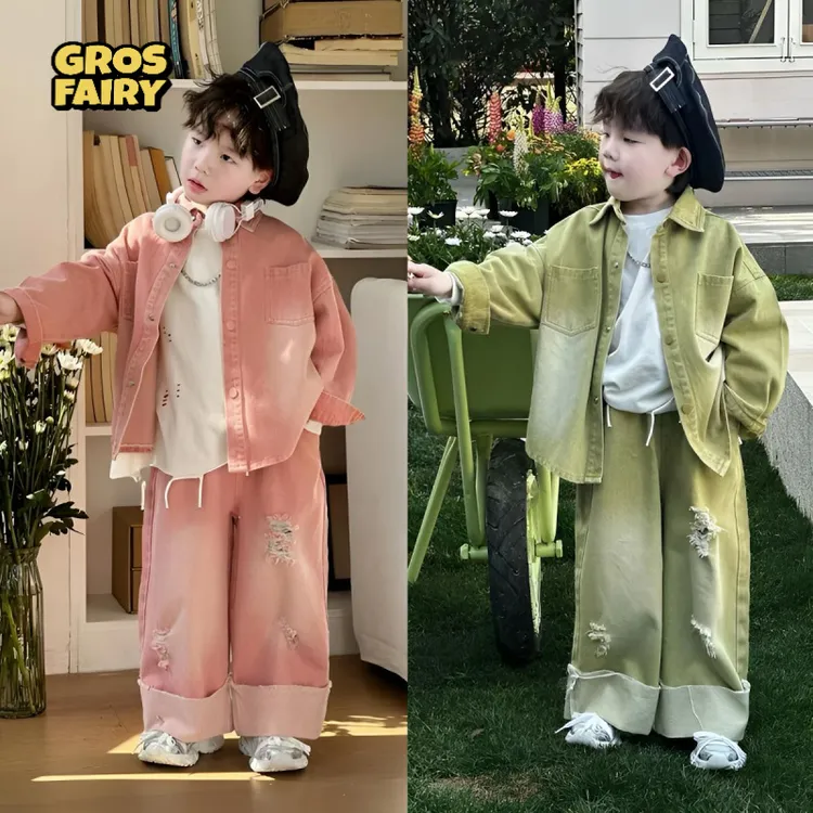 grosfairy儿童春装套装牛仔2025破洞韩版男女童头帅气新款宽松洋