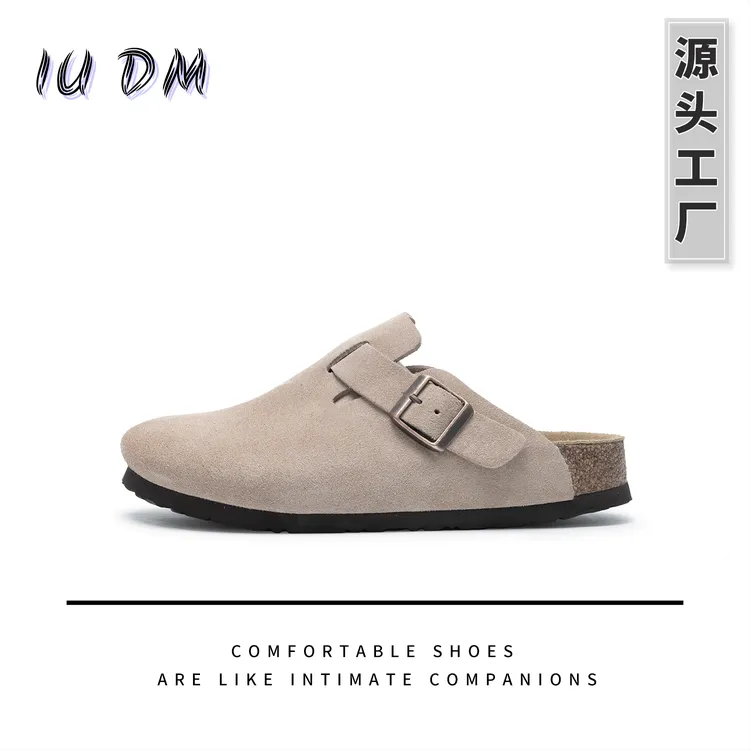 重工头层厚牛勃肯鞋真皮牛反绒穆勒鞋日系懒人包头拖鞋