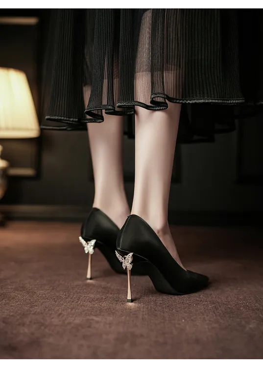 高端时尚尖头金属电镀跟超高跟女鞋蝴蝶花细跟网红款性感女高跟鞋