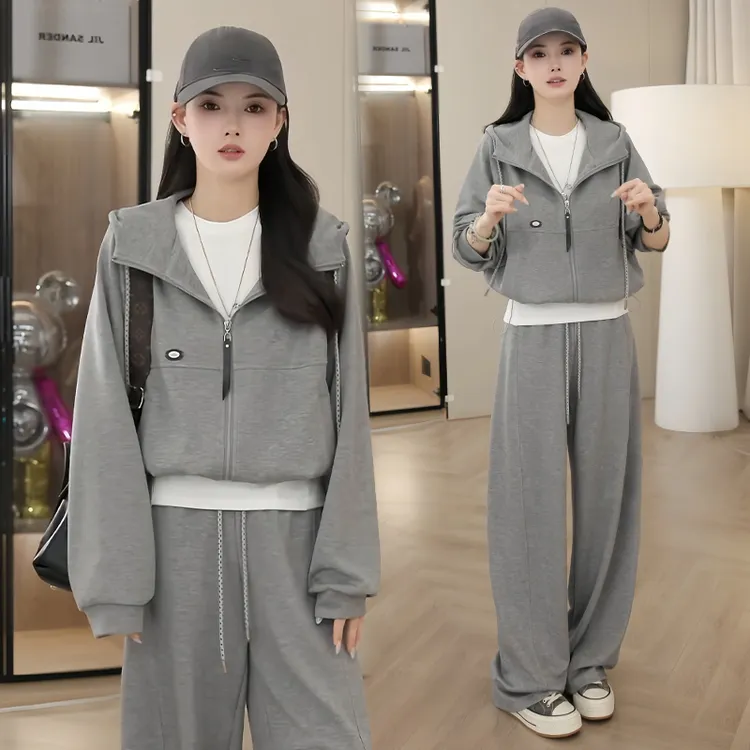 高含棉简约风休闲套装女2025年秋冬新款减龄遮肉上衣阔腿裤两件套