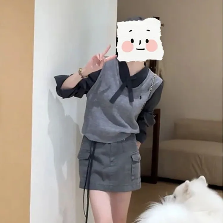 2025年早秋新品高级感长袖上衣女减龄百搭衬衫针织背心假两件套