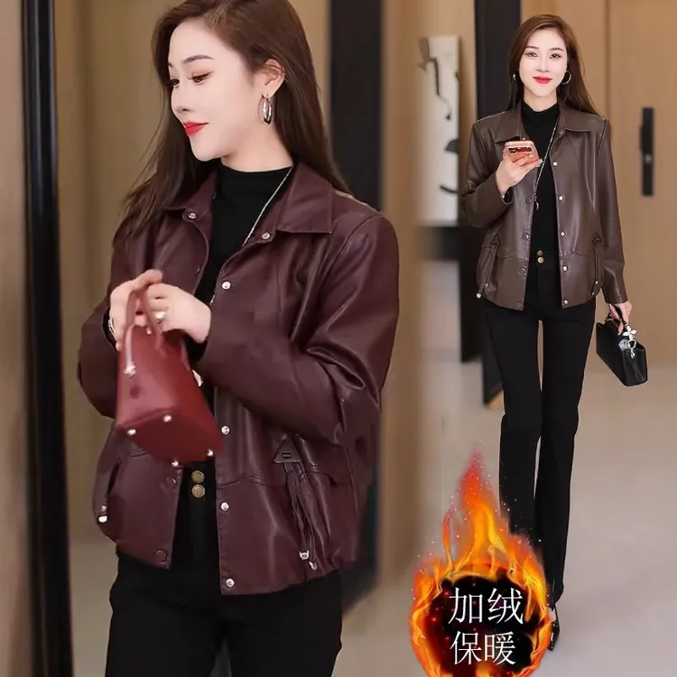 加绒皮衣短外套女2025年冬季新款韩版宽松洋气百搭保暖皮夹克上衣