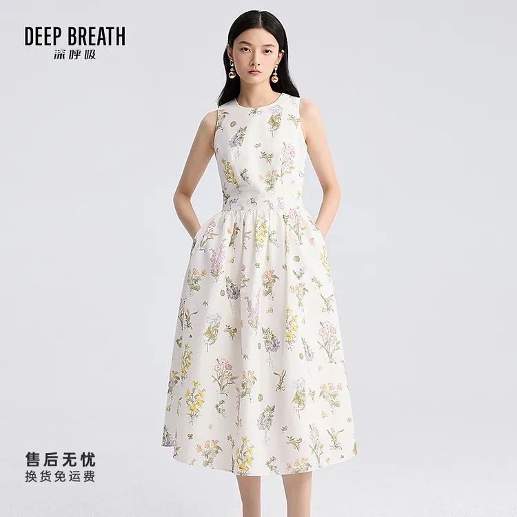 DEEP BREATH深呼吸女装休闲圆领无袖连衣裙背心印花伞裙A500333