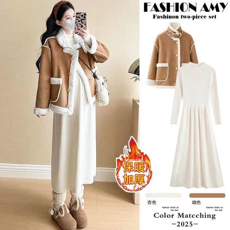 孕妇套装冬装新款洋气时尚小香风加绒加厚开衫外套显瘦针织连衣裙