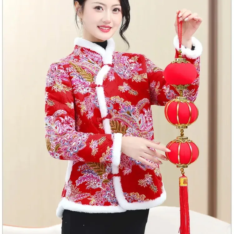 J027新款白毛边花棉袄盘扣民族风国潮风