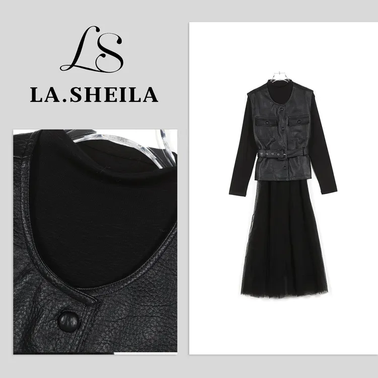 LA.Sheila“皮影蝴蝶”皮马甲网纱连衣裙套装253-TZ/0820-98096