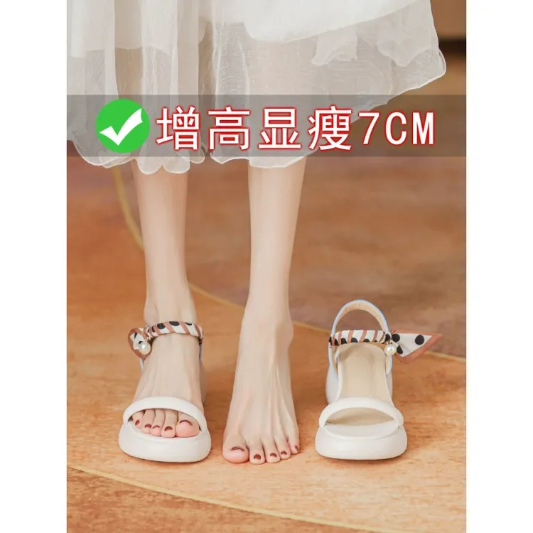 真皮厚底凉鞋女夏季2025新款绝美配裙子软底增高仙女风粗跟高跟鞋