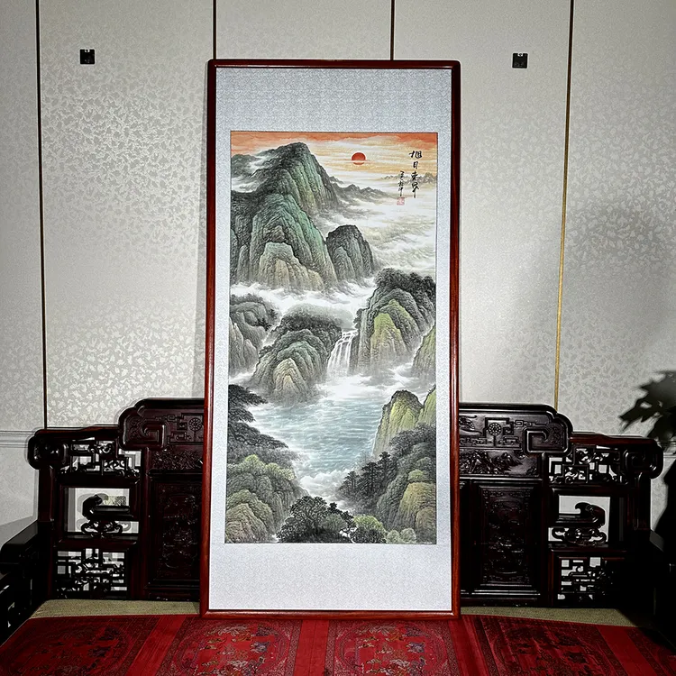 国画山水画手绘画玄关挂画过道走廊画旭日东升水墨画带框画四尺