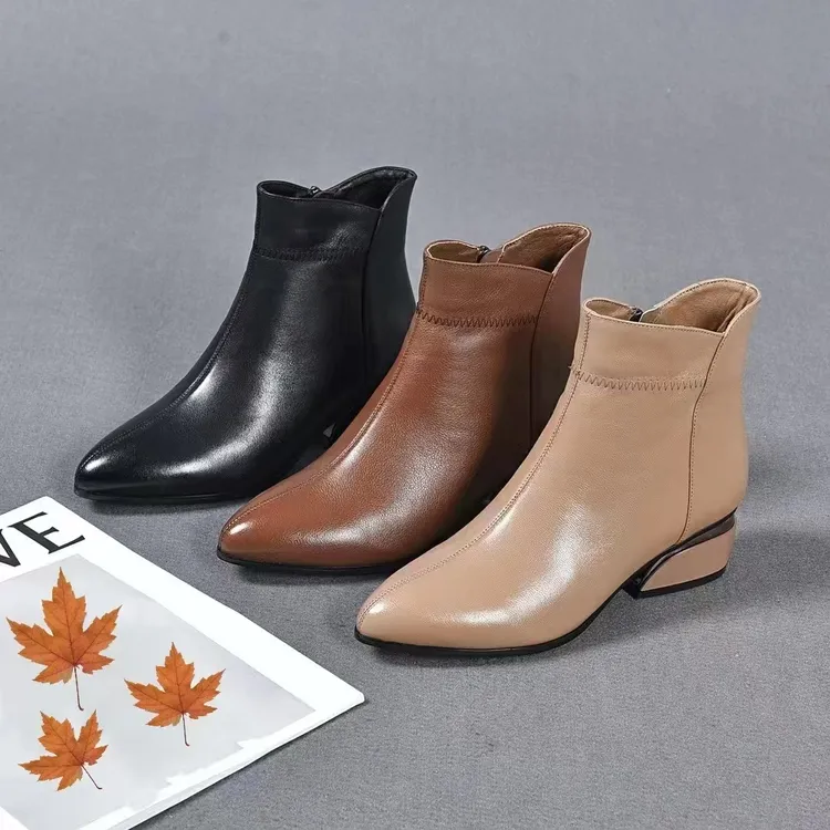 【牛皮】短靴尖头低跟真皮牛皮百搭通勤秋冬小短靴女鞋冬季中跟时尚