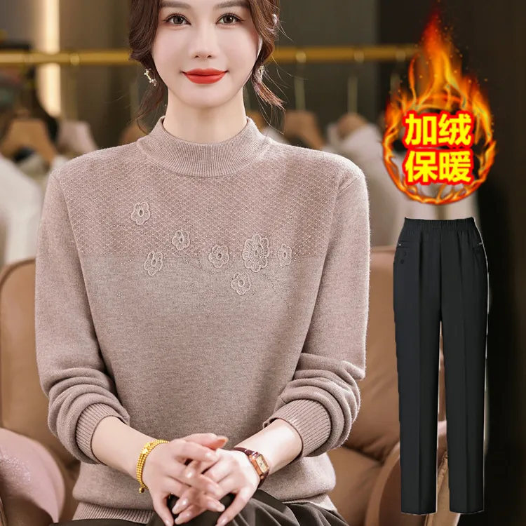 胖妈妈冬装新款加绒加厚毛衣大码打底衫中老年人女保暖内搭上衣服