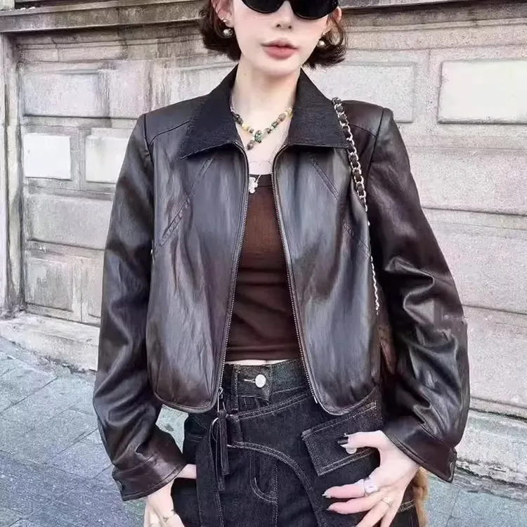 小个子翻领皮衣外套女2025秋季新款韩版时尚个性洋气百搭夹克上衣
