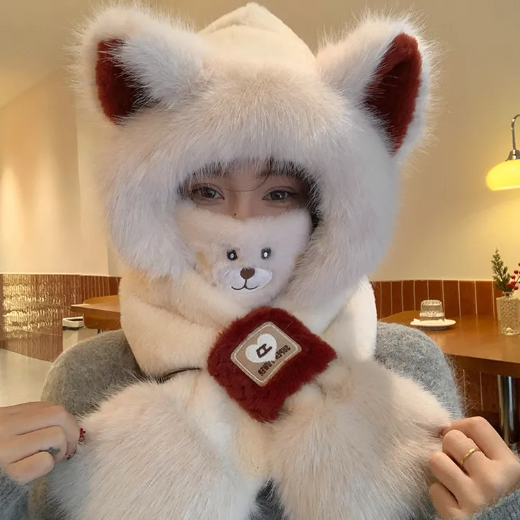 帽子女秋冬2025新款爆款洋气网红小熊帽子围脖一体可爱保暖厚围巾