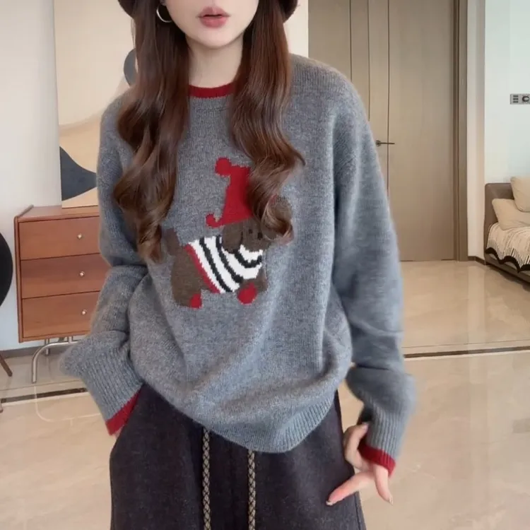 慵懒风软糯浣熊绒红帽小狗图案高级感2025秋冬季新款撞色毛针织衫
