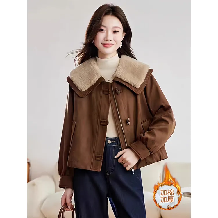 拉夏贝尔加绒加厚大翻领外套女2025年秋冬新款时尚夹克牛角扣上衣