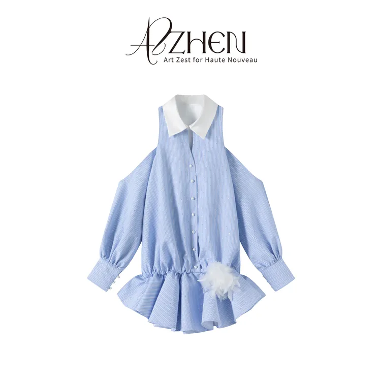 AZZHEN【轻羽悸动】条纹烫钻落肩连衣裙 AZ5BSL25