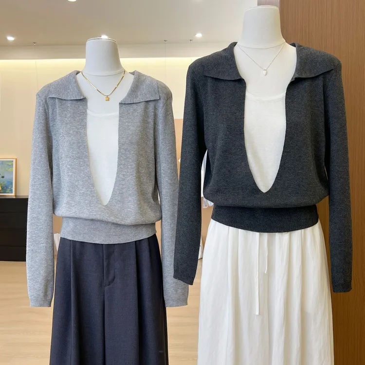 深圳南油高端女装2025秋季新款拼接假两件polo翻领长袖针织衫上衣
