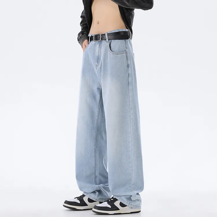 2025新款美式高街水洗复古蓝牛仔裤男潮牌宽松直筒阔腿拖地长裤子