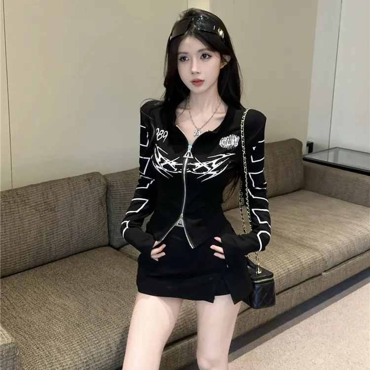 性感上衣女款高级感拉链短外套秋冬2025新款复古气质显瘦打底衫潮