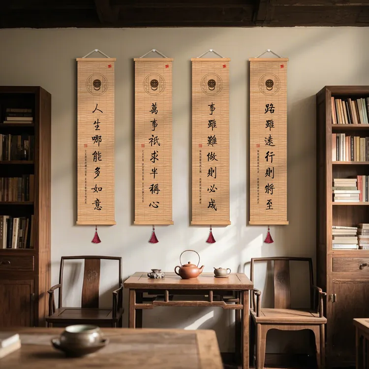 高档茶室书房纯手工竹编对联励志书法竹帘墙面竹挂画背景装饰画