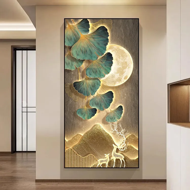 现代轻奢玄关入户装饰画银杏叶客厅走廊过道挂画高档大气麋鹿壁画