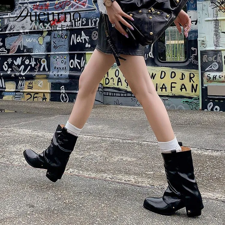 度卡奴真皮覆古粗跟欧美西部靴堆堆靴短靴女裤管靴马丁靴子秋冬