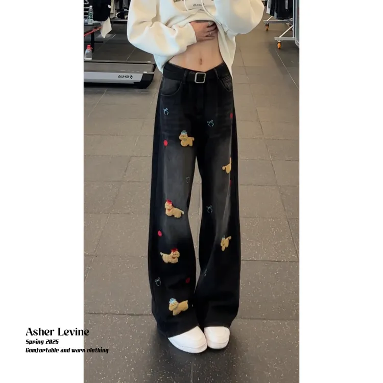 美式复古小狗刺绣阔腿牛仔裤男女2025年秋季新款宽松直筒拖地裤子