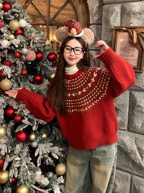 氛围感费尔岛圆领针织毛衣女秋冬新款宽松慵懒风软糯百搭上衣外套