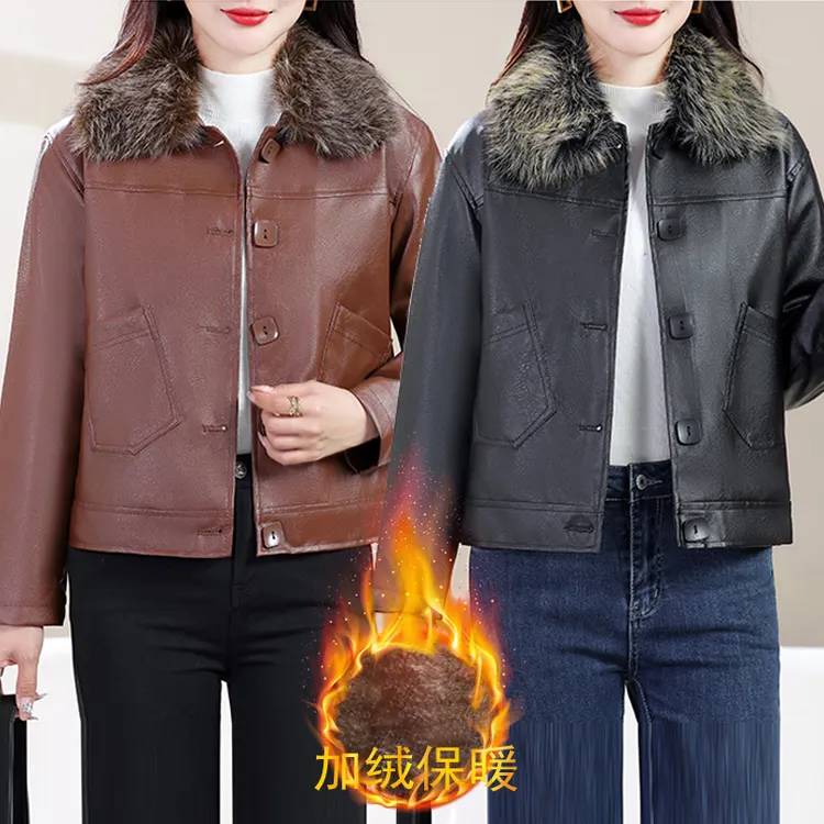 女士潮流毛领八排扣加绒皮衣外套ZM
