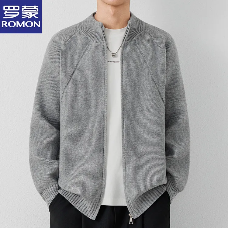罗蒙新款秋冬季休闲毛衣开衫中青年男士韩版潮流半高领针织衫外套