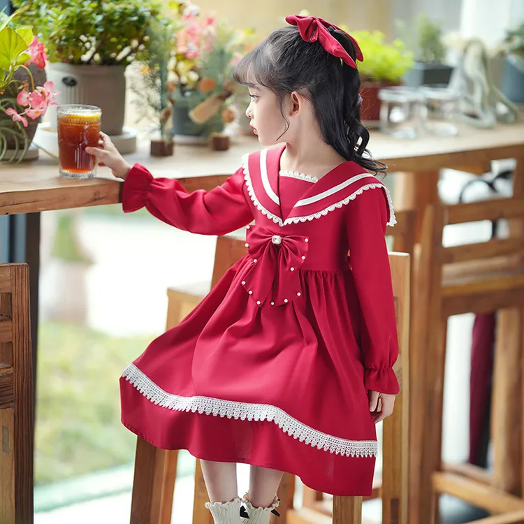 女童长袖蝴蝶结条纹边裙子时尚学院风水手服小女孩连衣裙秋冬款