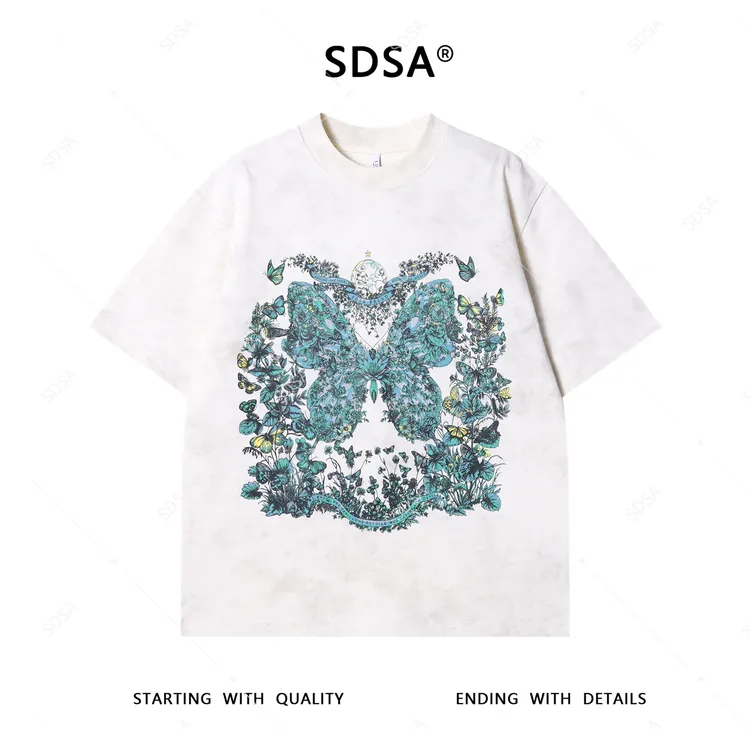 夏季高级感新款男士美式蝴蝶印花圆领短袖T恤高街宽松设计师上衣