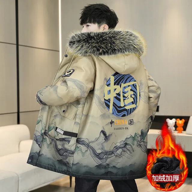 冬季男士风衣中长款加绒加厚连帽夹克潮流休闲帅气高级感棉衣外套