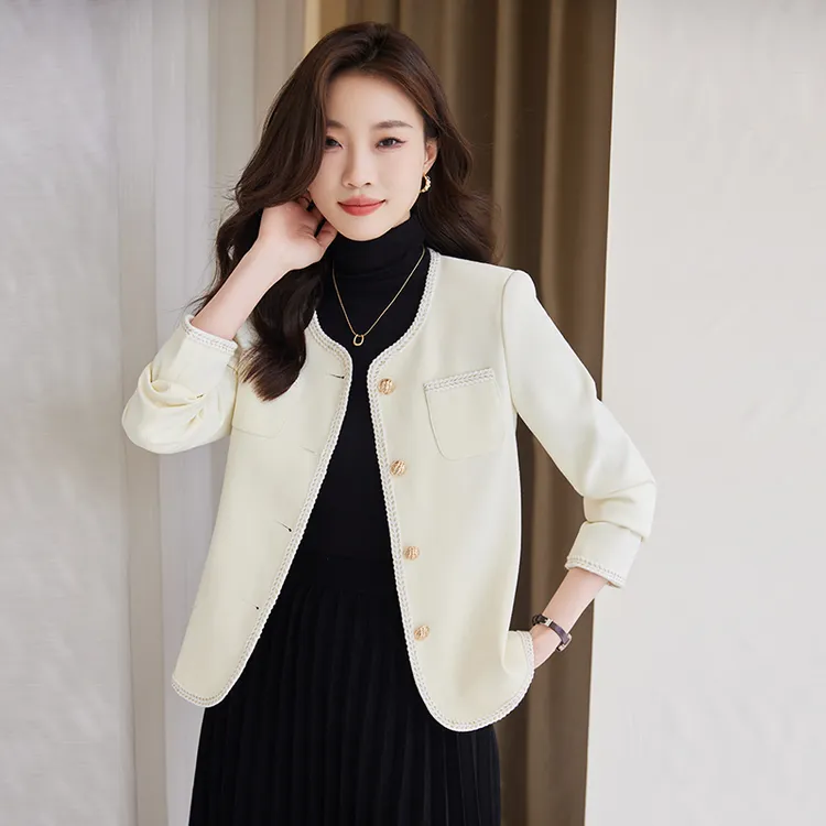 米白色无领小香风小个子短款西装外套女2025年春秋季休闲西服上衣