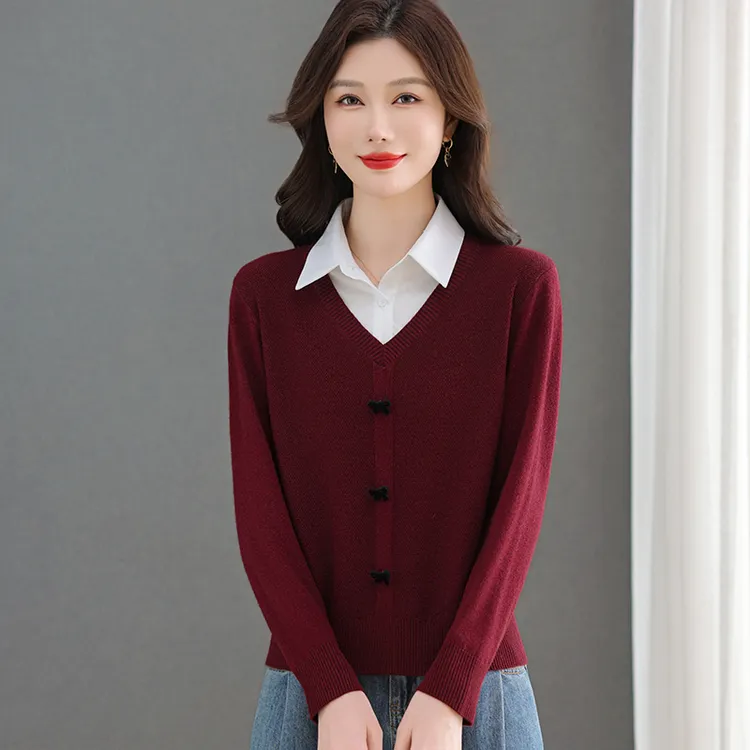 假两件长袖羊毛衫女2025春秋季新款翻领polo针织打底衫蝴蝶结上衣