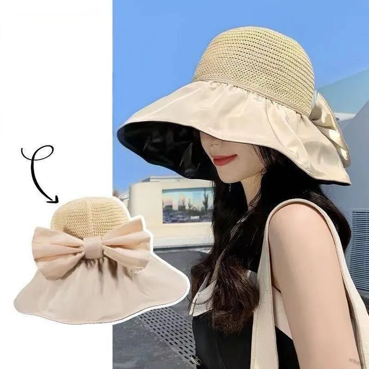 渔夫帽子黑胶女防晒草帽防紫外线太阳帽户外遮脸遮阳帽蝴蝶结夏季