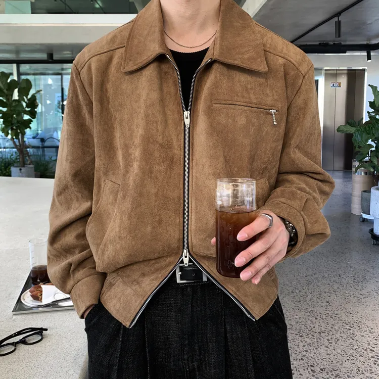 时尚翻领休闲拉链夹克衫外套男士韩版复古麂皮绒宽松潮流短款上衣
