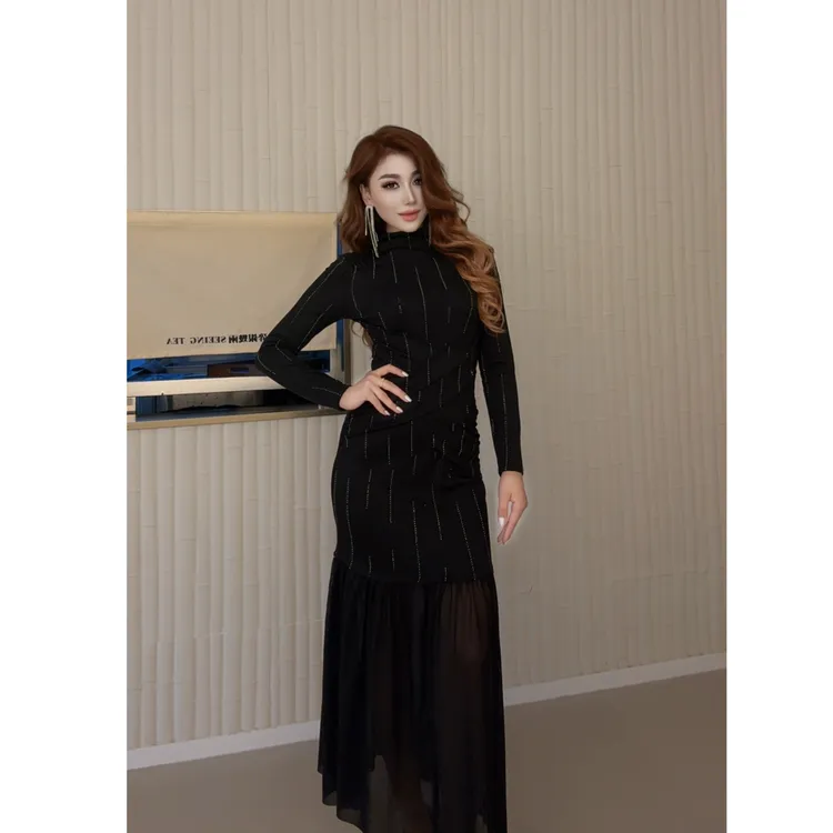 9881【古丽包邮】烫钻时尚设计款拼接女装连衣裙