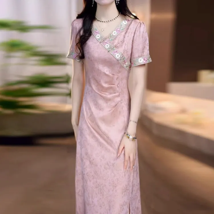 D新中式复古刺绣连衣裙女夏季新款气质修身显瘦中长款裙子5294#