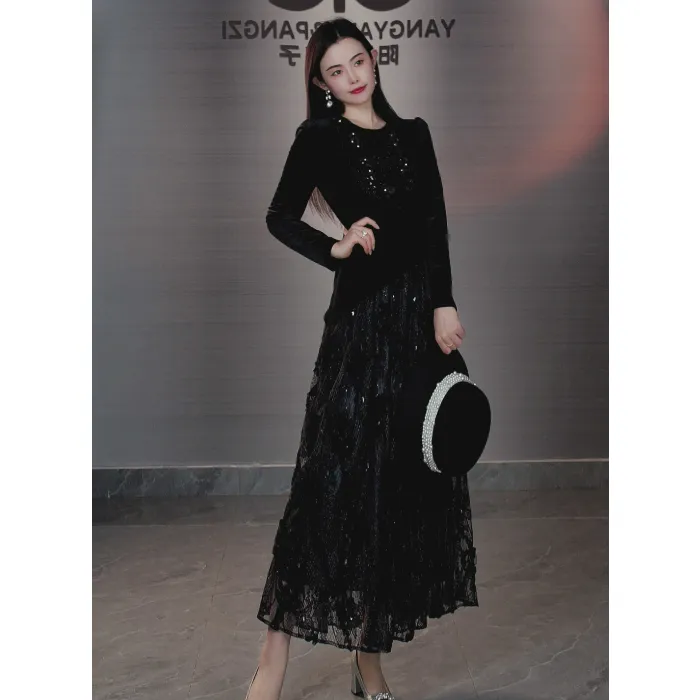 华贵名门105076黑色重工亮片连衣裙显瘦蕾丝法式收腰名媛气质长裙