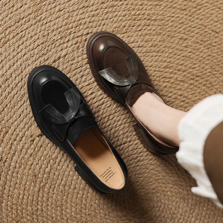 头层牛皮+羊反绒5cm蝴蝶结复古单鞋一脚蹬圆头乐福鞋粗跟中跟气质